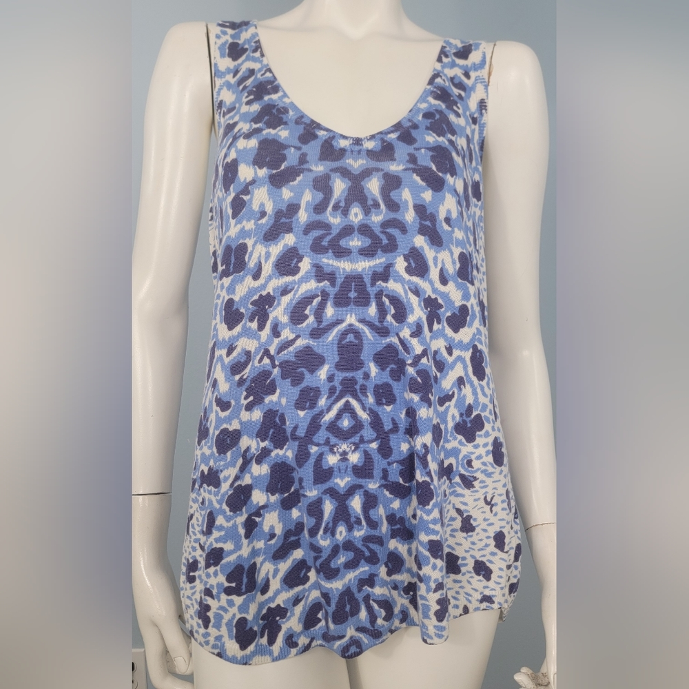 Max Studio blue knit animal print linen blend tank top size Large